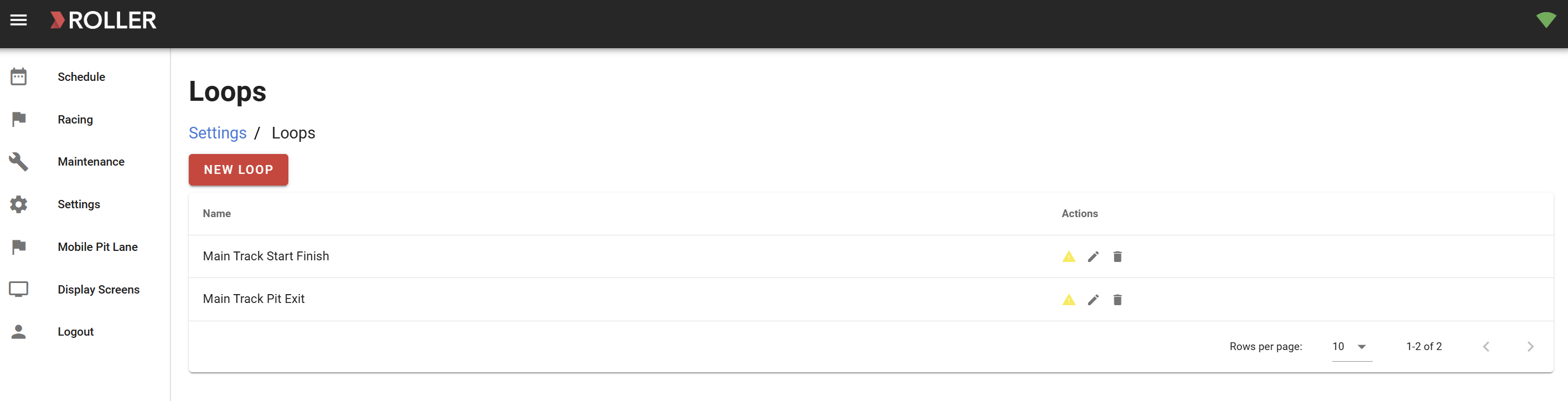 Settings page displaying loops with options to create and edit track entries.